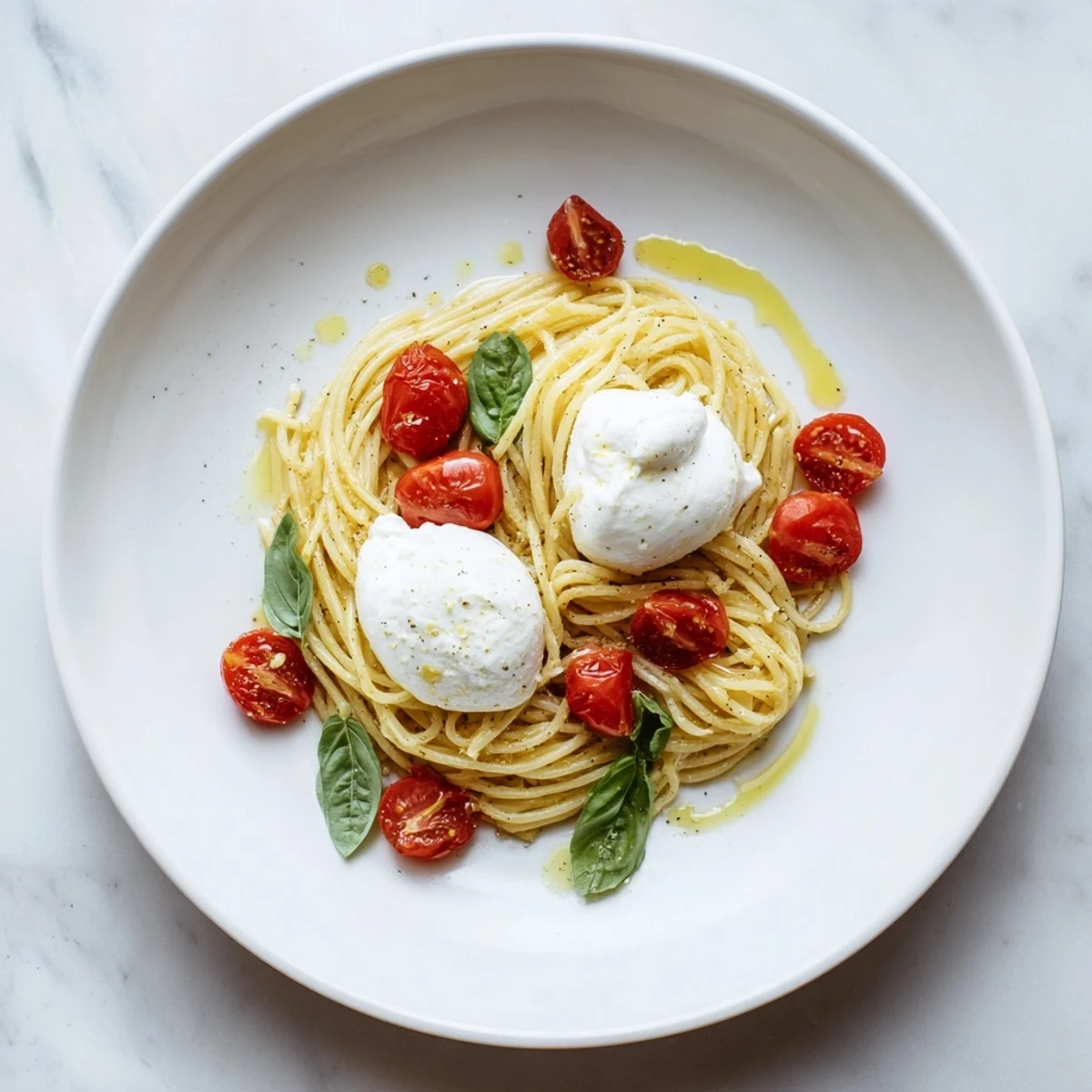 Creamy burrata cheese placed atop vibrant Burrata Caprese Pasta, drizzled with olive oil and basil.