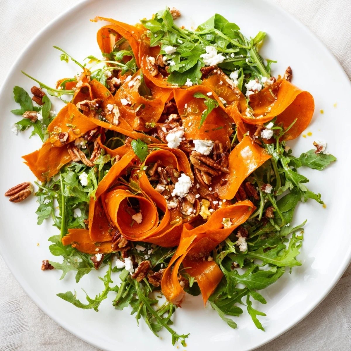 Roasted Carrot Ribbon Salad features tender, caramelized ribbons atop mixed greens, finished with honey-mustard vinaigrette.