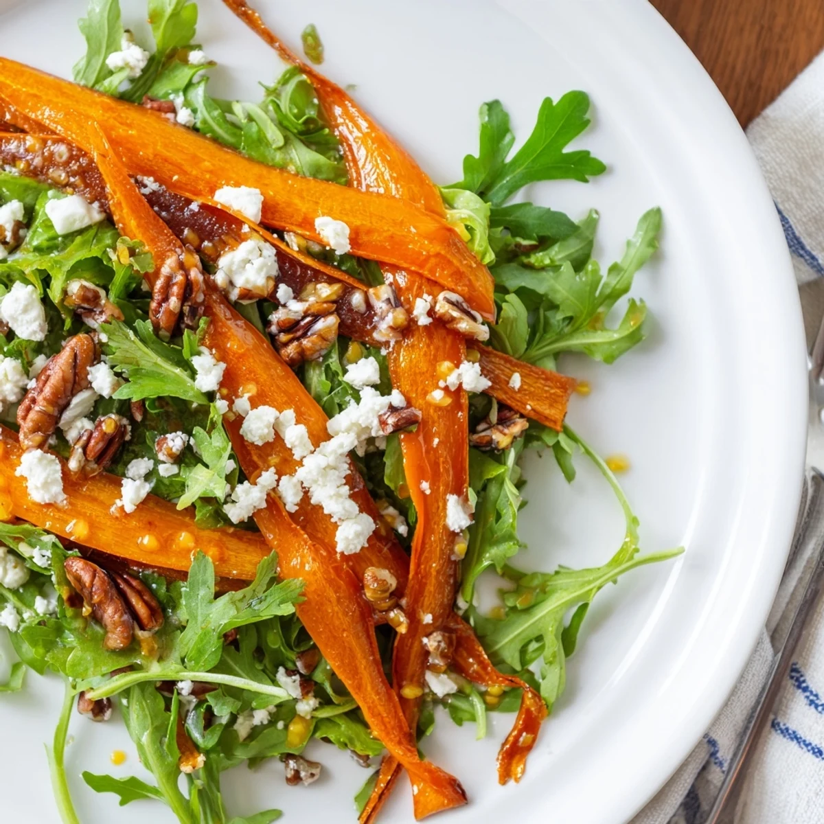 Vivid image of Roasted Carrot Ribbon Salad with shaved feta, toasted pecans, and fresh herbs for a weeknight dinner.