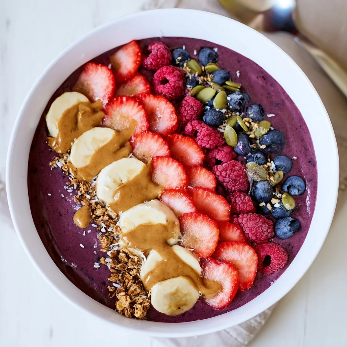 Creamy, vibrant acai berry smoothie bowl topped with fresh sliced banana, mixed berries, and crunchy granola for a nutritious breakfast.