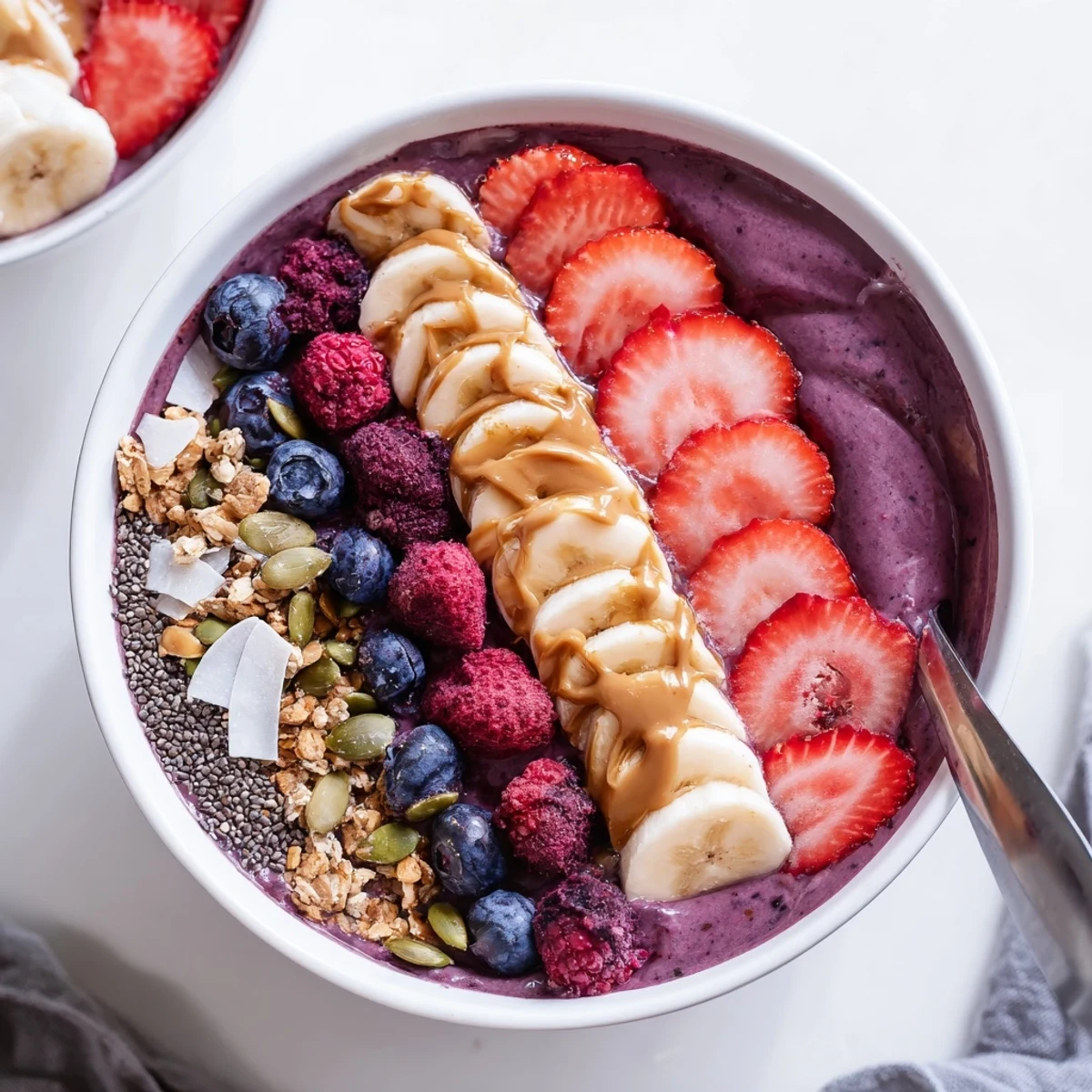 Colorful acai berry smoothie bowl with banana slices, pumpkin seeds, and granola, ready to enjoy as an energizing morning meal.