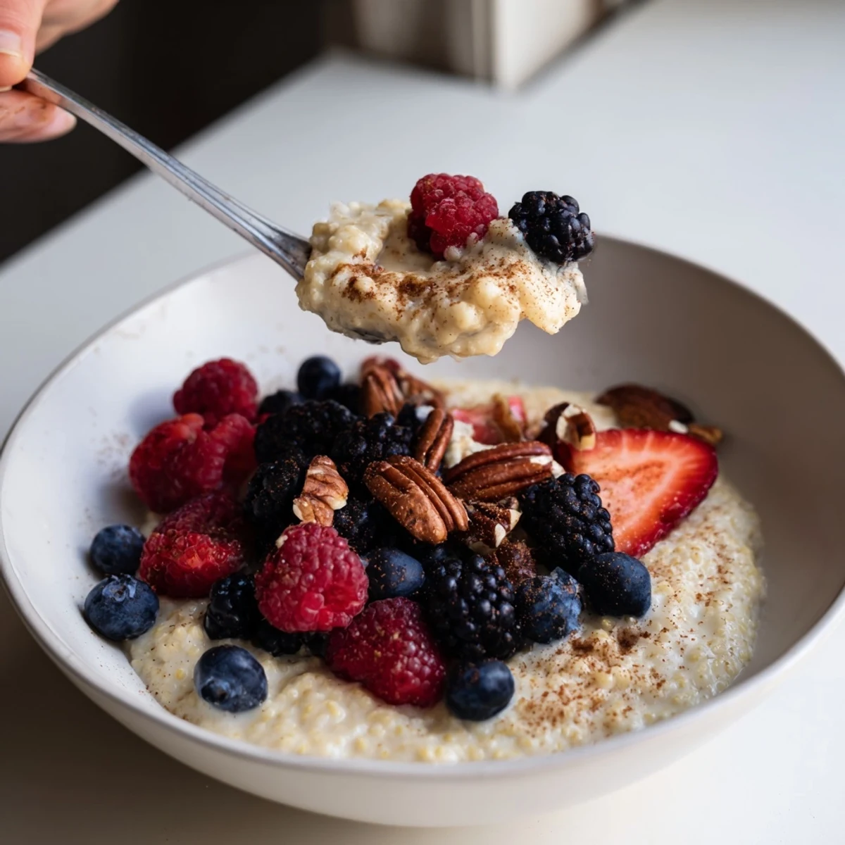 Creamy millet porridge topped with fresh mixed berries and nuts, served warm in a rustic bowl for a nourishing breakfast.