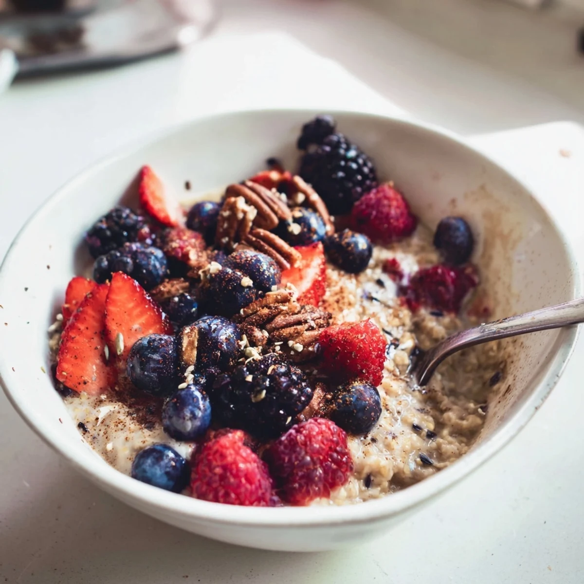 Gluten-free millet breakfast bowl with soft, stewed berries and a sprinkle of seeds, ready to enjoy with morning coffee.