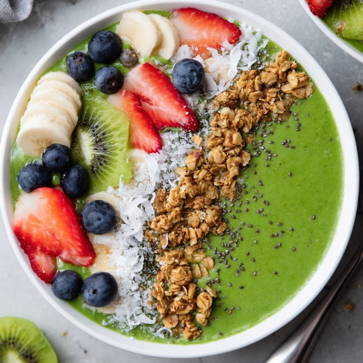A vibrant green smoothie bowl topped with granola, sliced bananas, and fresh berries.