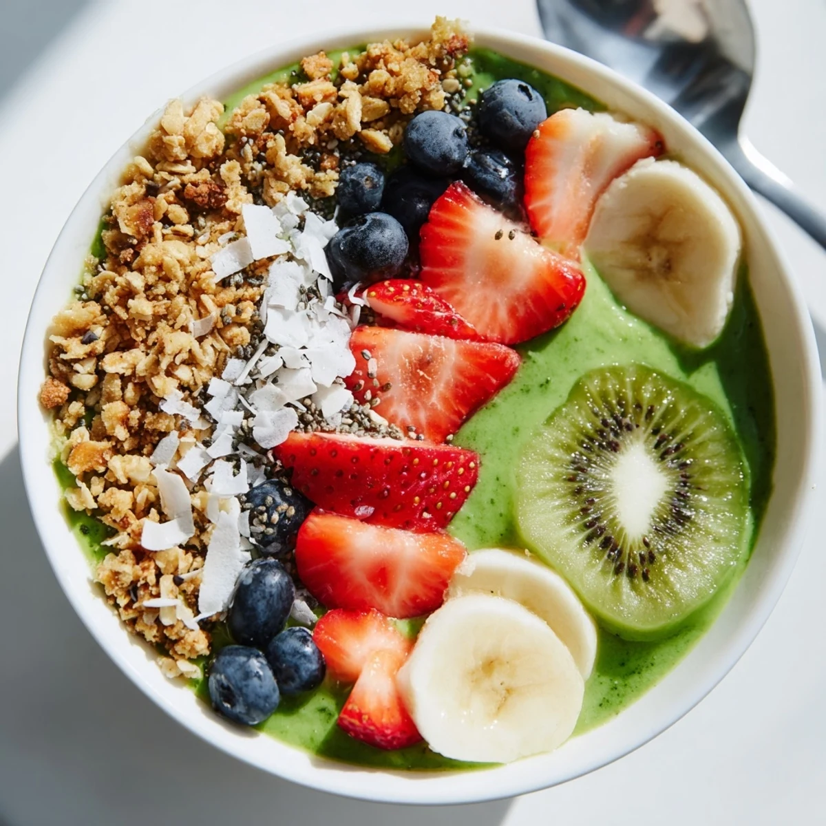 A refreshing green smoothie bowl with crunchy granola, coconut flakes, and kiwi slices.