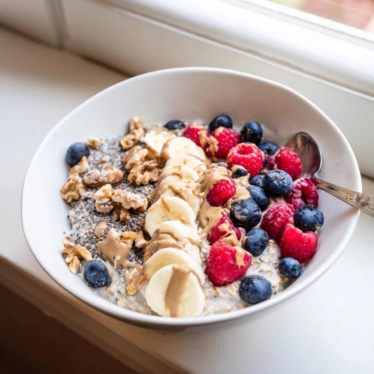 Overnight Oats with chia seeds in a jar, topped with fresh berries and a drizzle of honey.