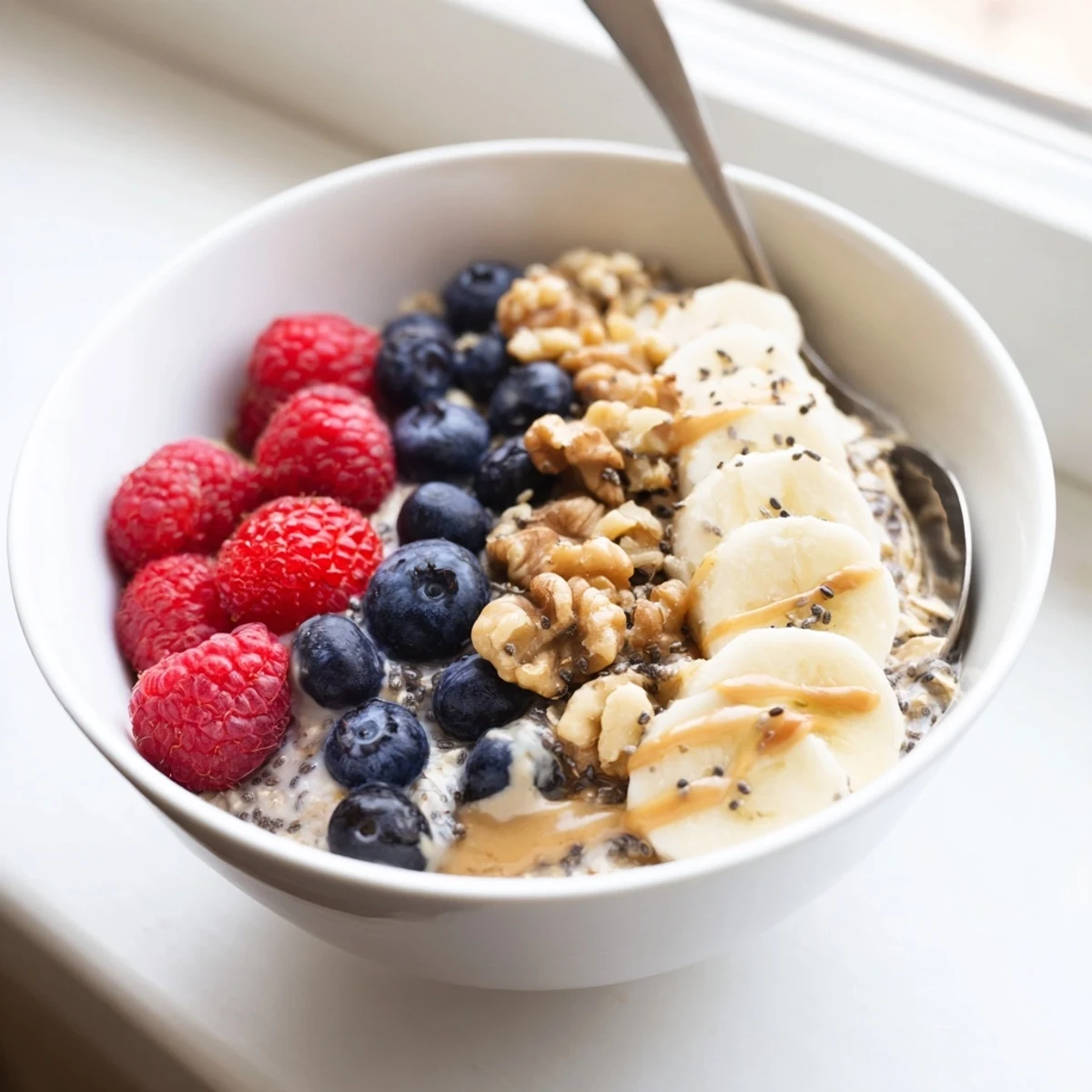 Ready-to-eat Overnight Oats with chia seeds, garnished with raspberries and a spoonful of nut butter.