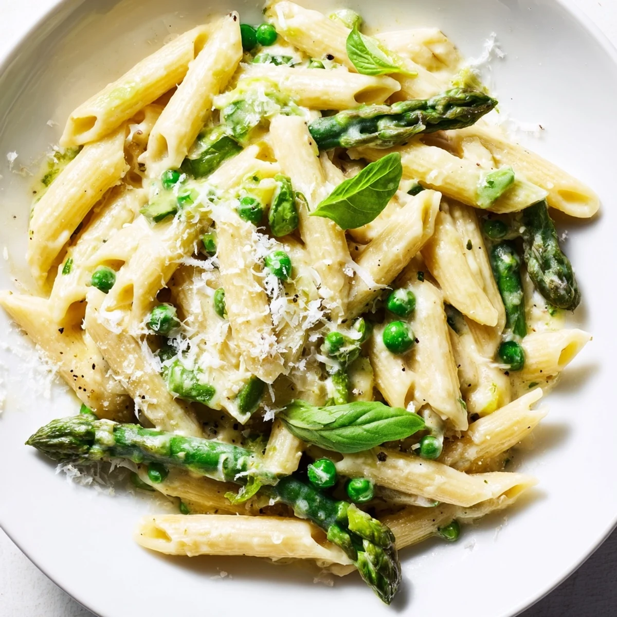 Serving suggestion for Garlic Parmesan Spring Vegetable Pasta, garnished with fresh basil, lemon zest, and extra grated Parmesan, ready to enjoy.