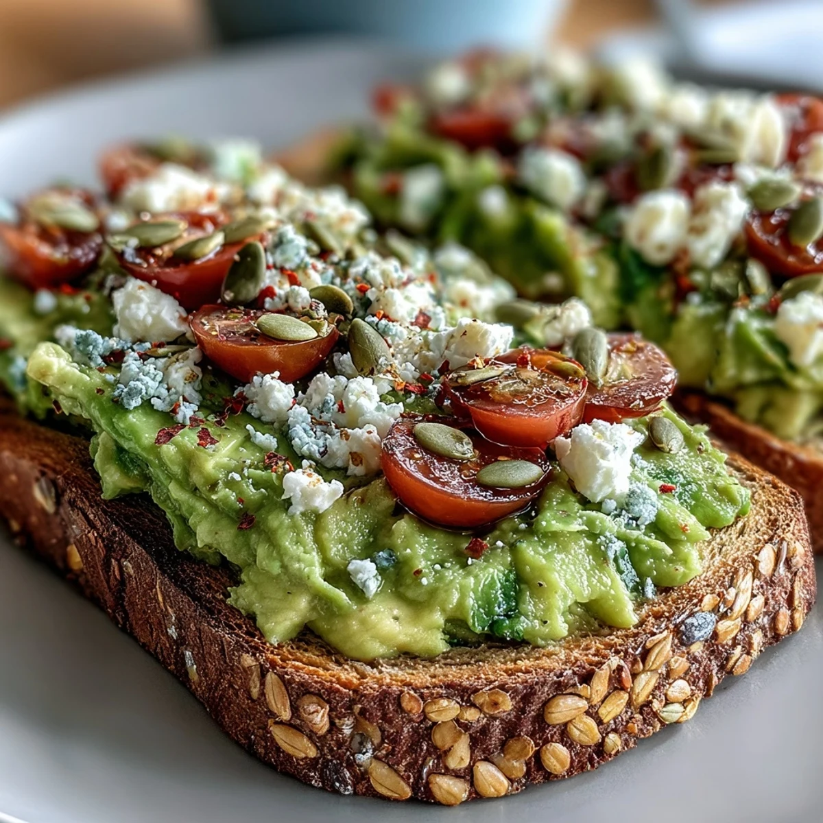 Hearty whole grain avocado toast topped with juicy tomato slices and seeds.