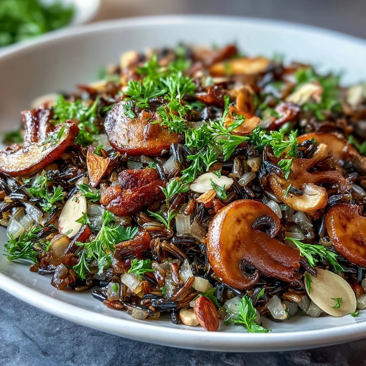 Earthy, savory wild rice mushroom pilaf, perfect as a warm autumn meal.