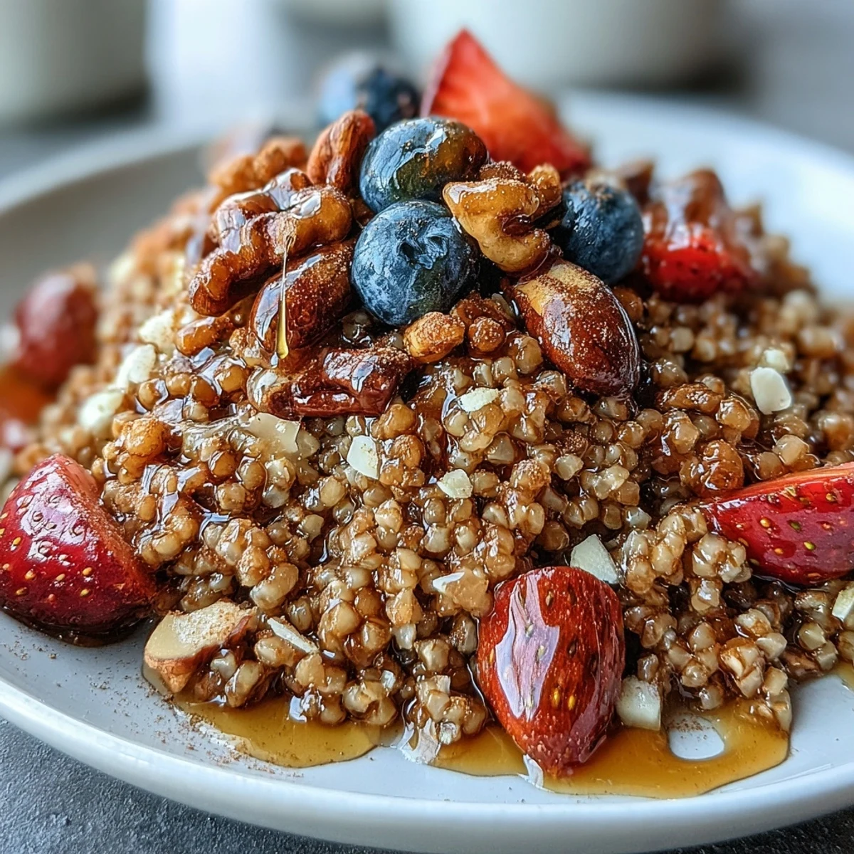 Hearty buckwheat groats breakfast topped with almonds, berries, and a drizzle.