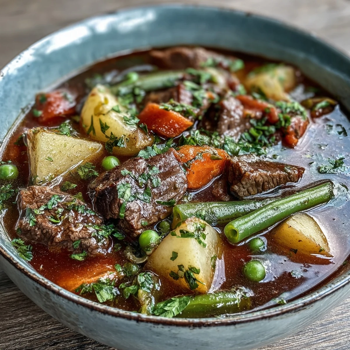 Steaming bowl of hearty Beef and Vegetable Soup with tender beef chunks, carrots, and green beans.