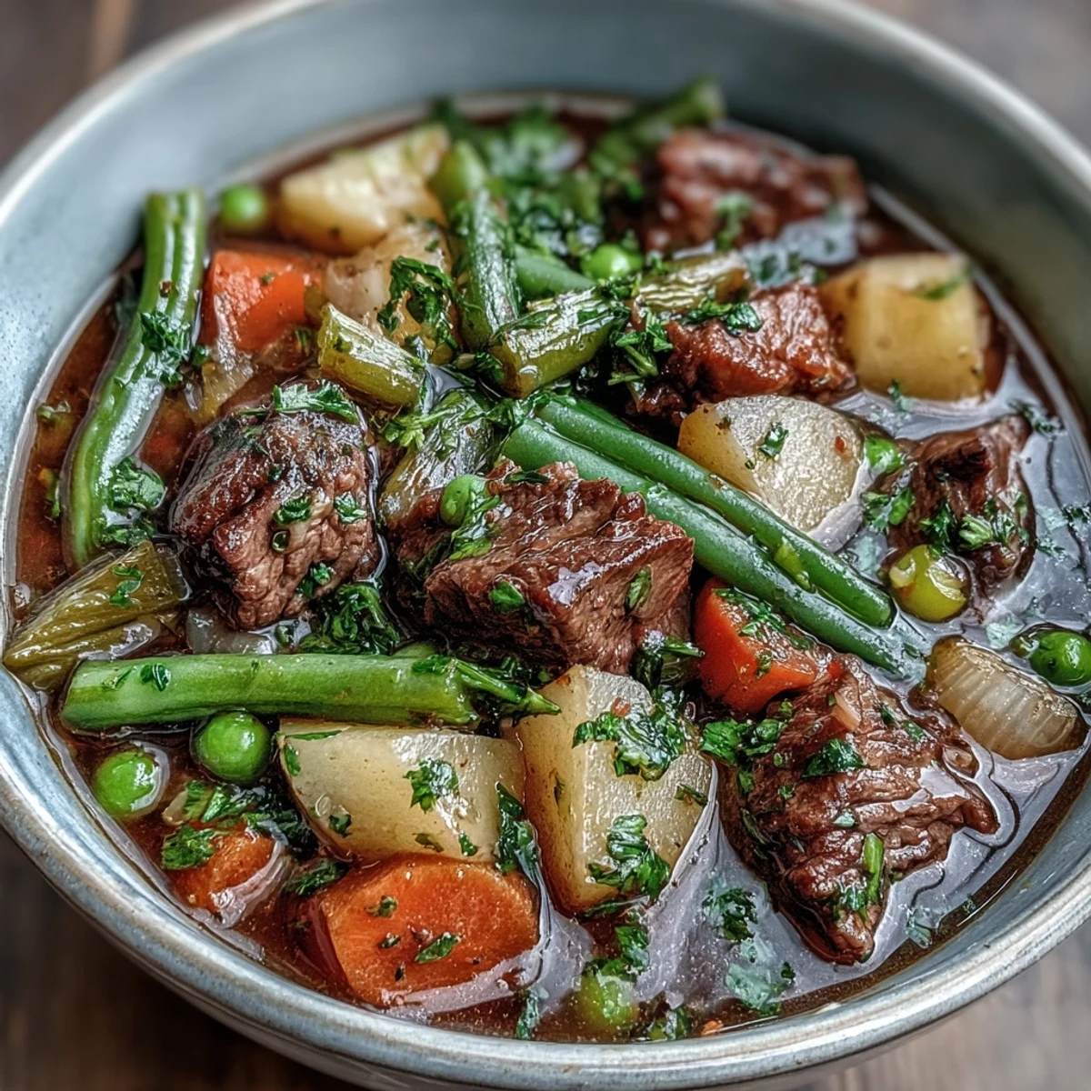 A rustic Dutch oven simmering Beef and Vegetable Soup with potatoes, tomatoes, and fresh herbs.