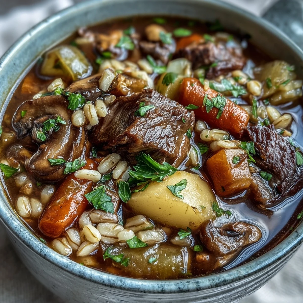 A rustic Dutch oven filled with hearty Vegetable Beef, Barley, and Mushroom Soup and crusty bread.