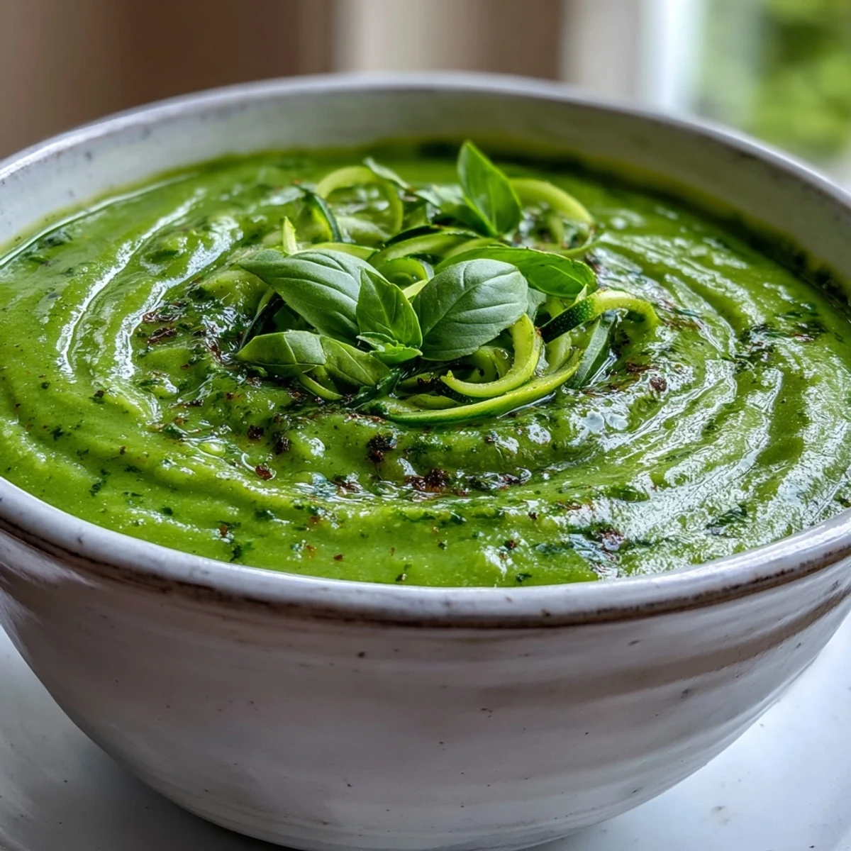 Bright green Courgette, Pea and Pesto Soup in a rustic bowl, topped with fresh basil.