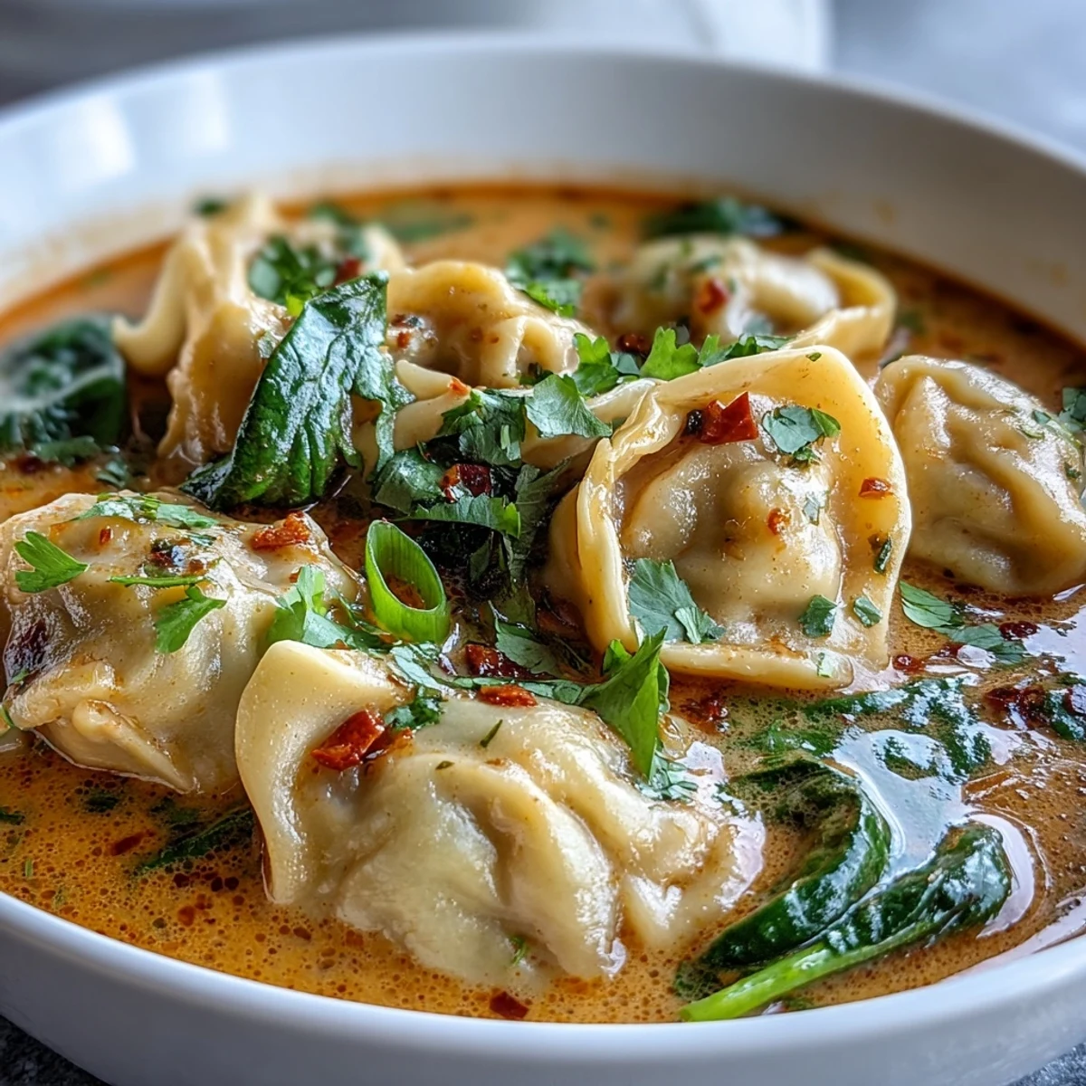 Coconut milk-based Red Curry Wonton Soup With Greens garnished with fresh cilantro and lime wedges, ready to enjoy with chopsticks.