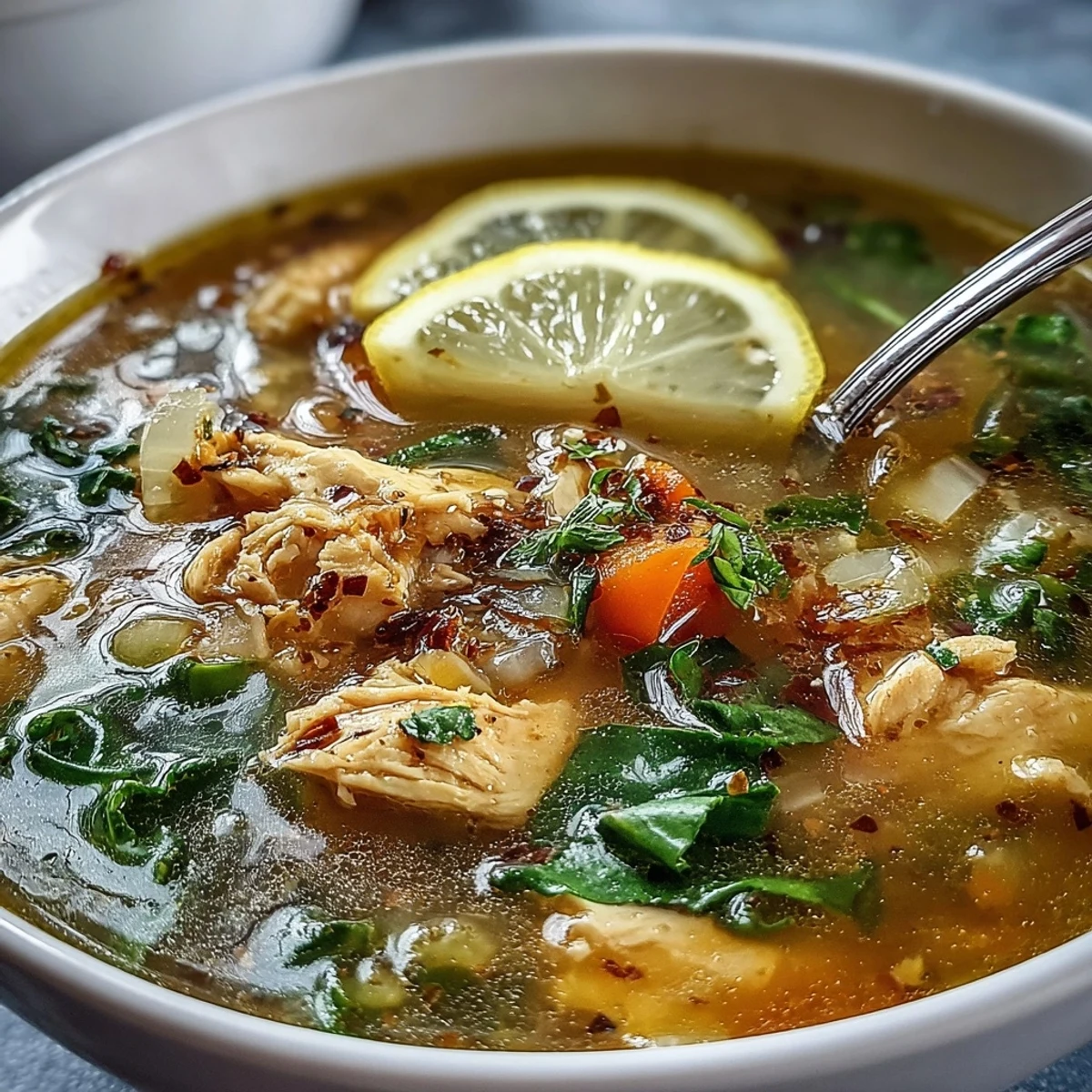 Hearty High Protein Lemon and Turmeric Chicken Soup served in a white ceramic bowl on a wooden table.