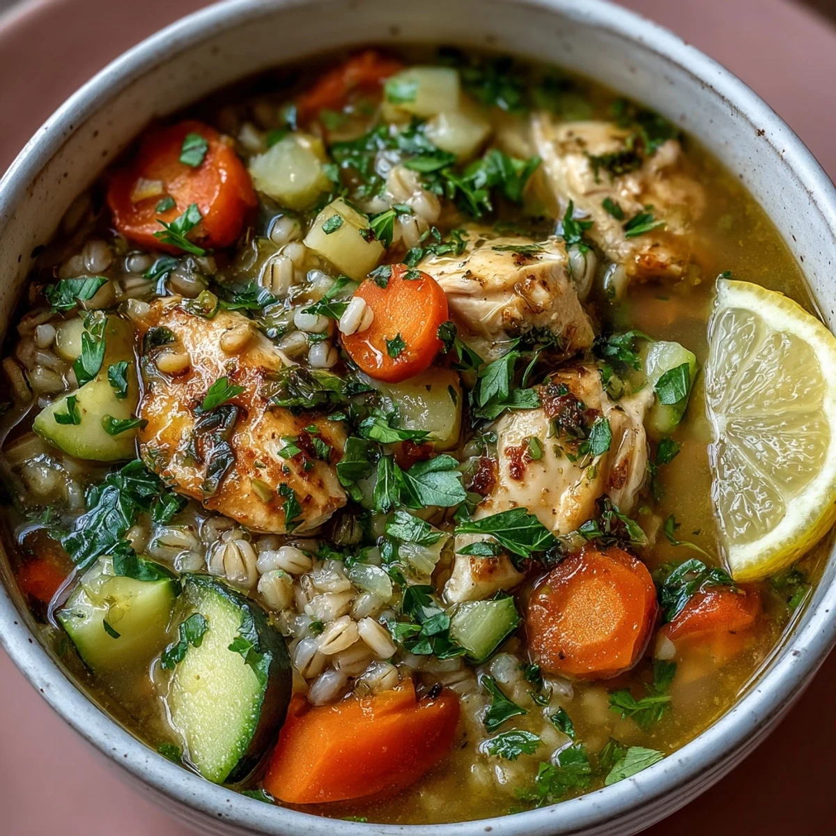 Hearty soothing turmeric chicken with pearl barley soup served with crusty bread and a sprinkle of fresh parsley. 