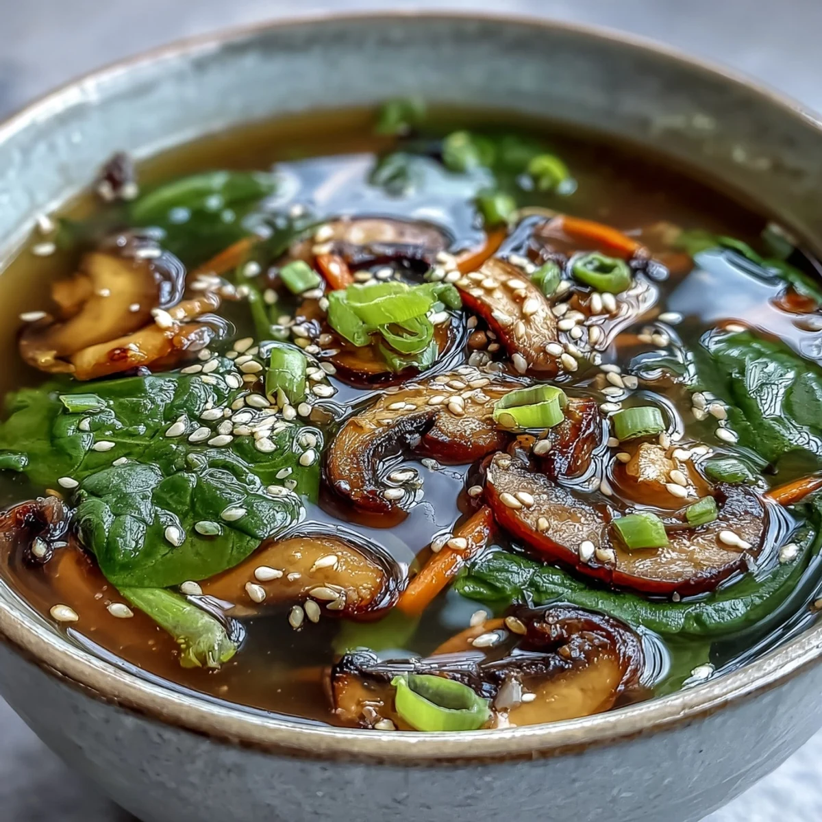 Steaming bowl of Miso Ginger Winter Soup, topped with green onions and sesame seeds, ready to enjoy.