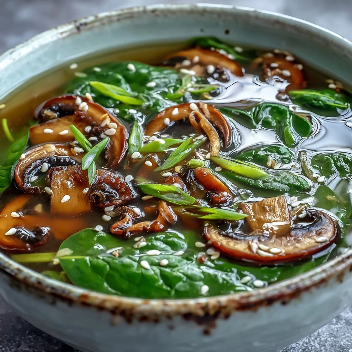 A spoon dips into Miso Ginger Winter Soup, revealing tender mushrooms and carrots in a savory broth.