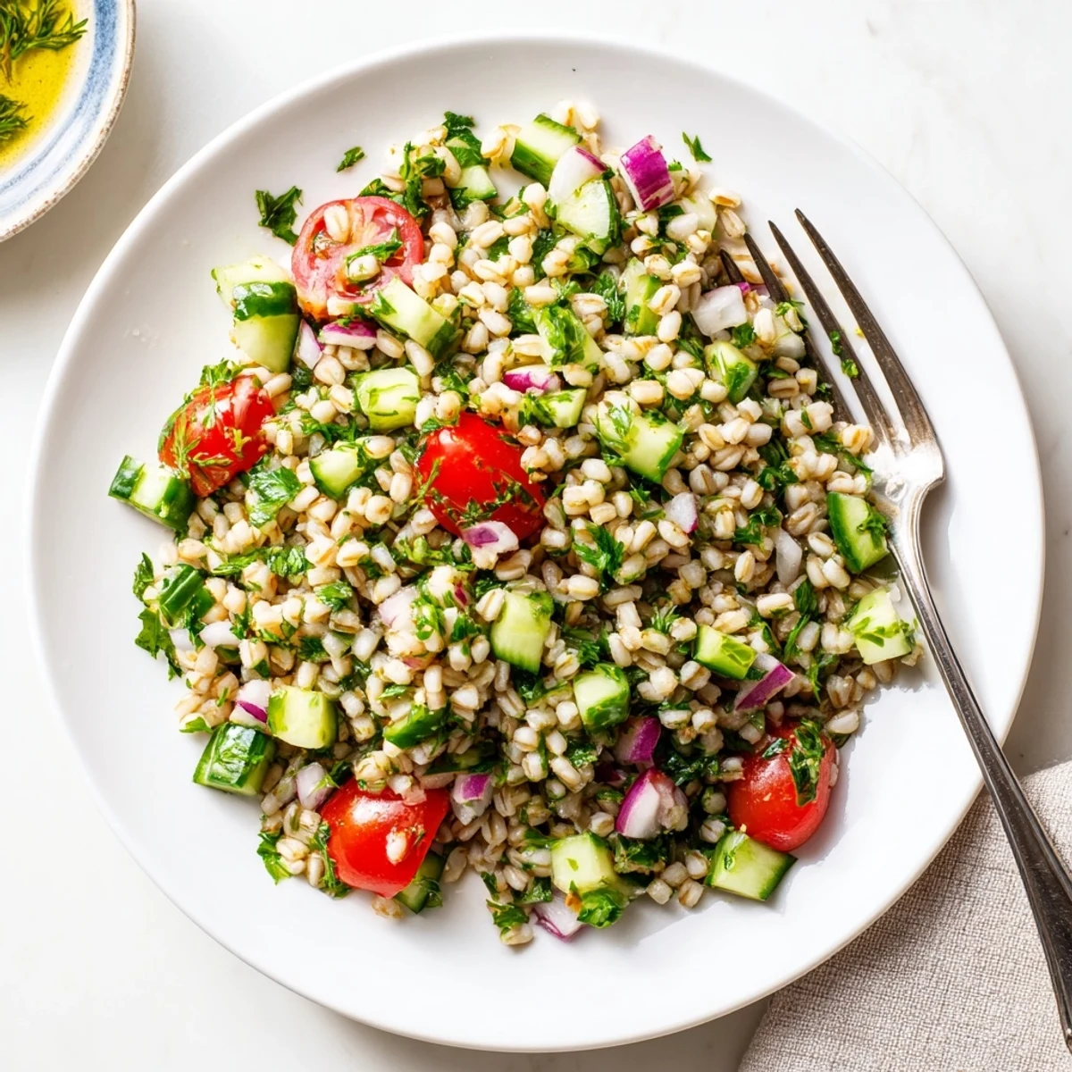Vibrant Mediterranean Barley and Herb Salad featuring chewy pearl barley tossed with fresh parsley, mint, and dill in a zesty lemon vinaigrette.