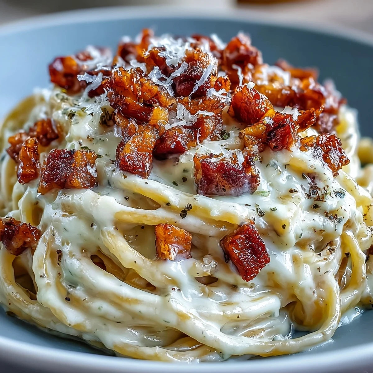 Close-up of a forkful of low-carb Celeriac Carbonara next to a glass of Pinot Grigio on a rustic table.