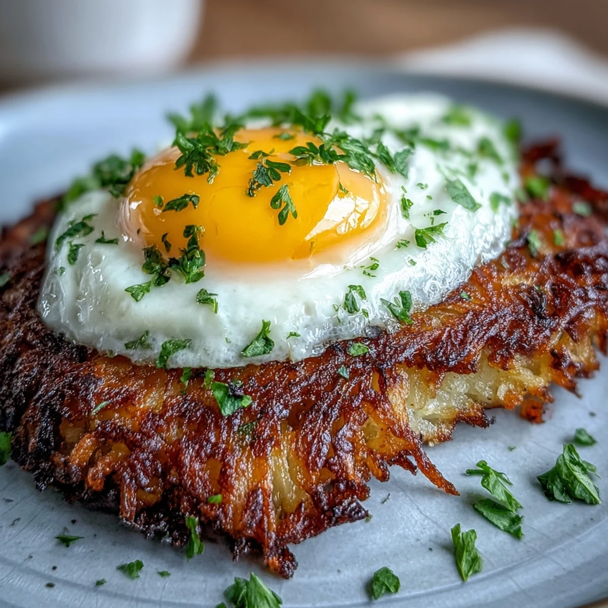 Crispy celeriac and potato rösti topped with harissa yogurt and a runny egg yolk for brunch.