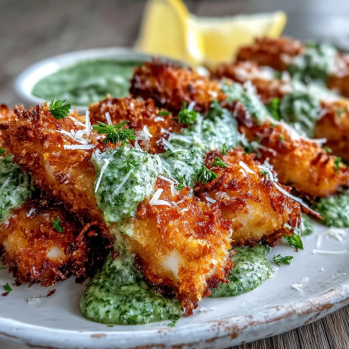 Freshly baked Haddock Goujons With Parmesan Crust and a vibrant bowl of homemade pea pesto, ready to be enjoyed.
