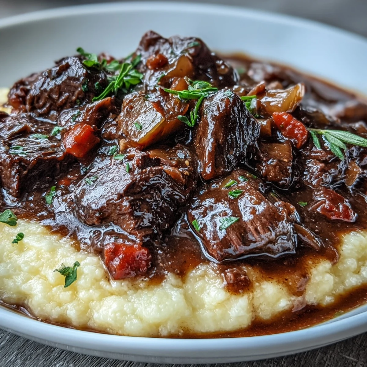 Creamy polenta topped with tender venison stew flavored with aromatic sloe gin and herbs.