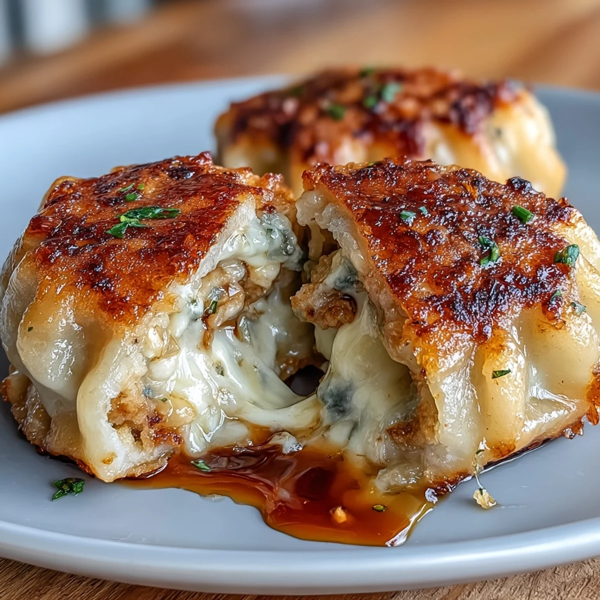 Golden-brown pan-fried Chīzu Imomochi glazed in sticky soy-honey sauce, served warm on a plate.