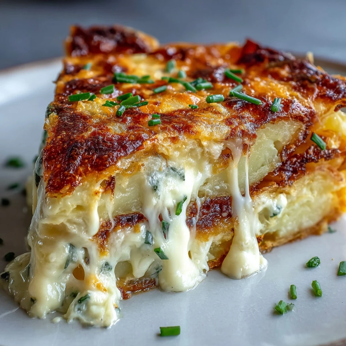 Golden, bubbling Cheese and Potato Pie with creamy layers of potato, onion, and melted Gruyère.