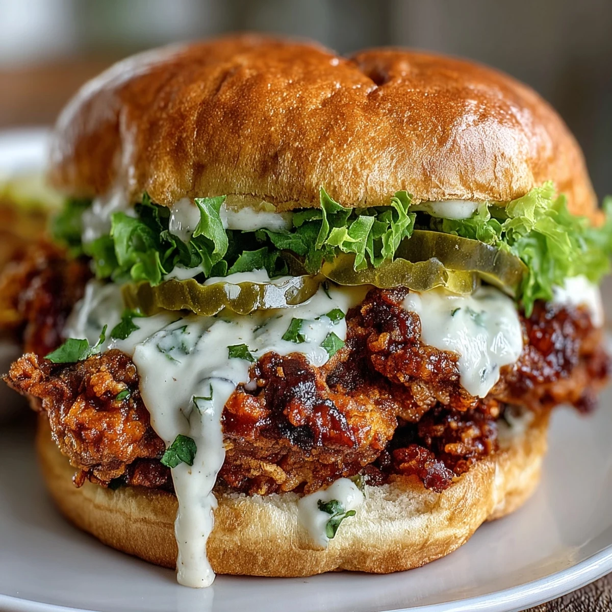 Crispy golden spicy chicken sandwich stacked high with fresh lettuce and pickles on a toasted brioche bun, drizzled with creamy homemade sauce.