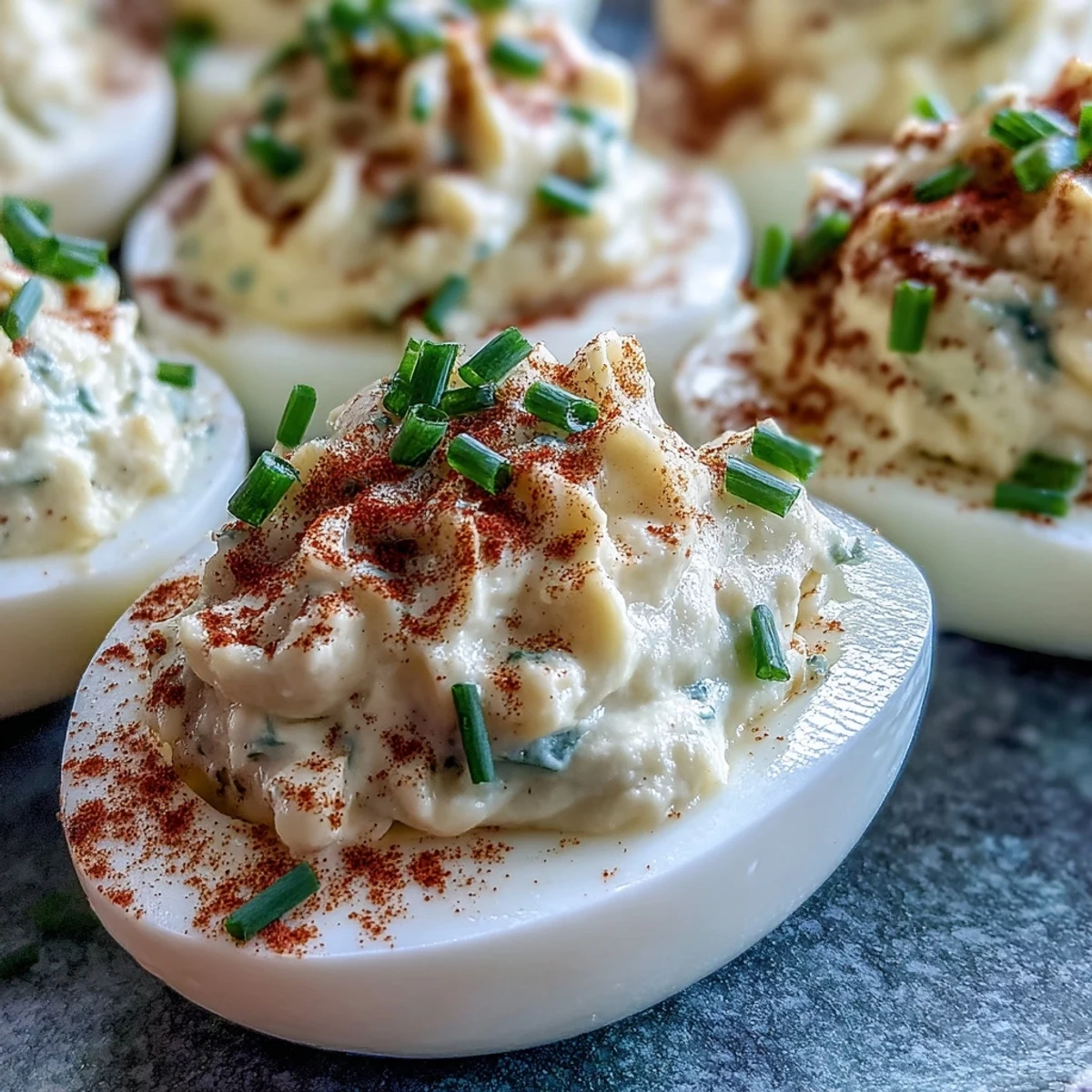 On a marble board, a piping bag fills egg white halves with the tangy, creamy Million Dollar Deviled Eggs mixture.