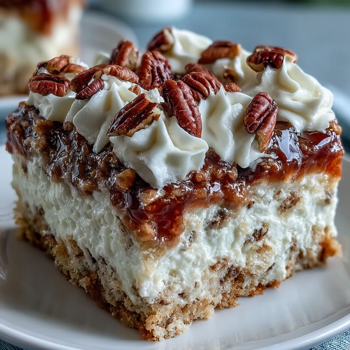Slices of Butter Pecan Tres Leches Cake topped with whipped cream and gooey caramelized pecans.