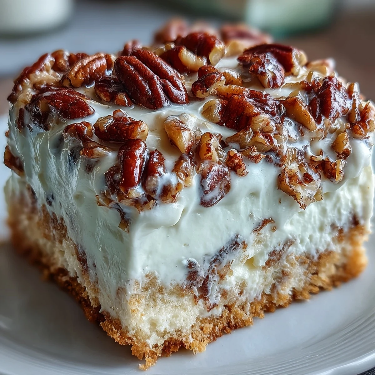 Moist Butter Pecan Tres Leches Cake layered with sweet cream and crunchy toasted pecans on a plate.