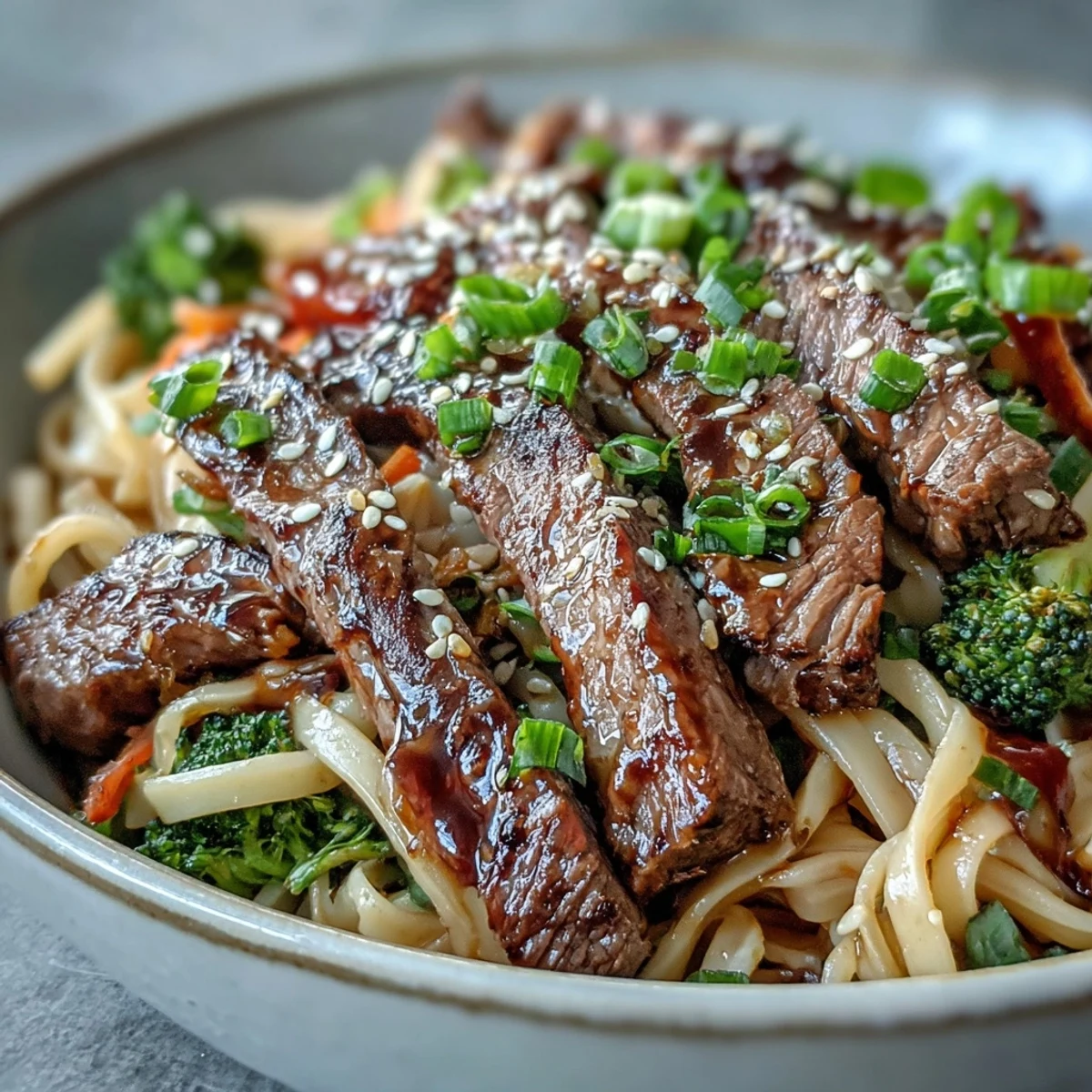 Sizzling flank steak and crisp broccoli in a glossy sauce with rice noodles, a close-up of the Korean Beef Noodles ready to eat.