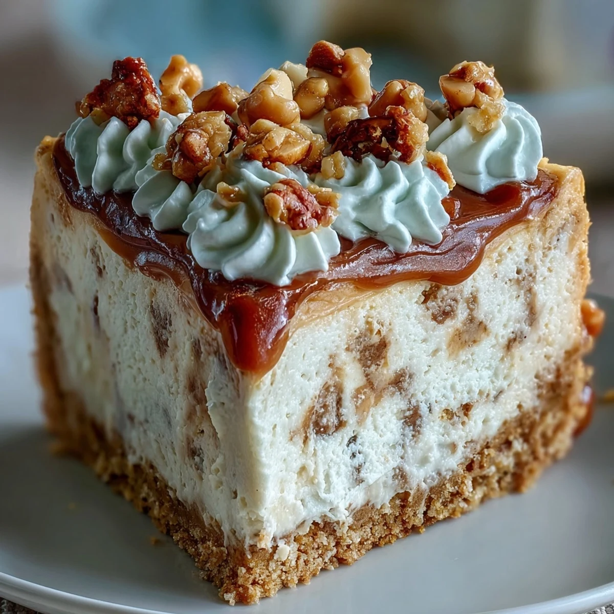 A close-up of Nutter Butter Cheesecake with a creamy peanut butter swirl and a crunchy cookie crust.