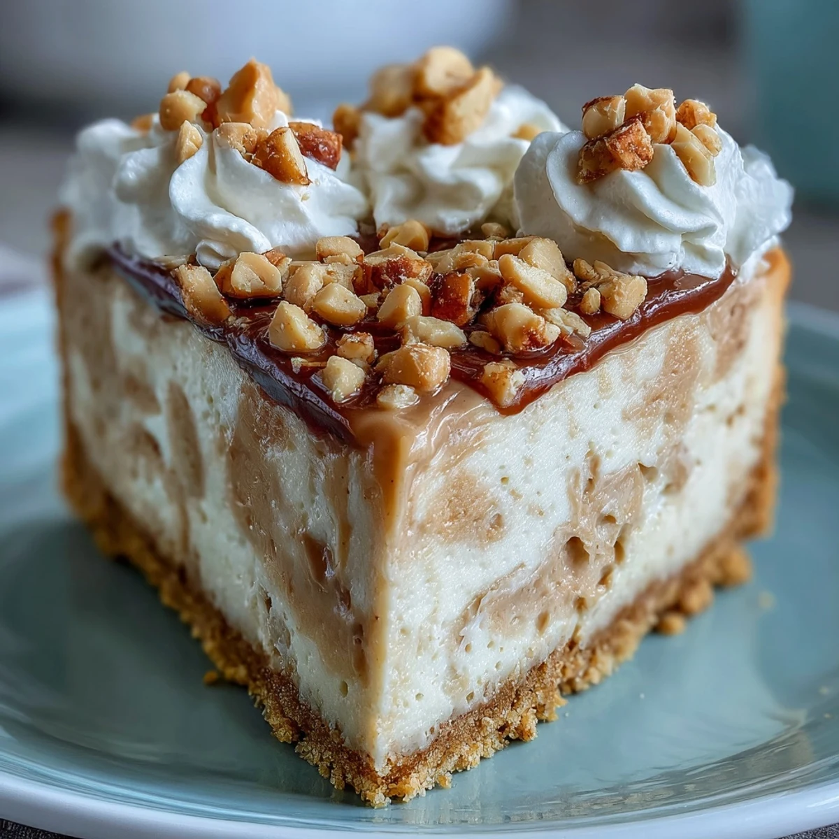 Overhead view of a Nutter Butter Cheesecake slice showing smooth filling, a thick crust, and extra cookie toppings.
