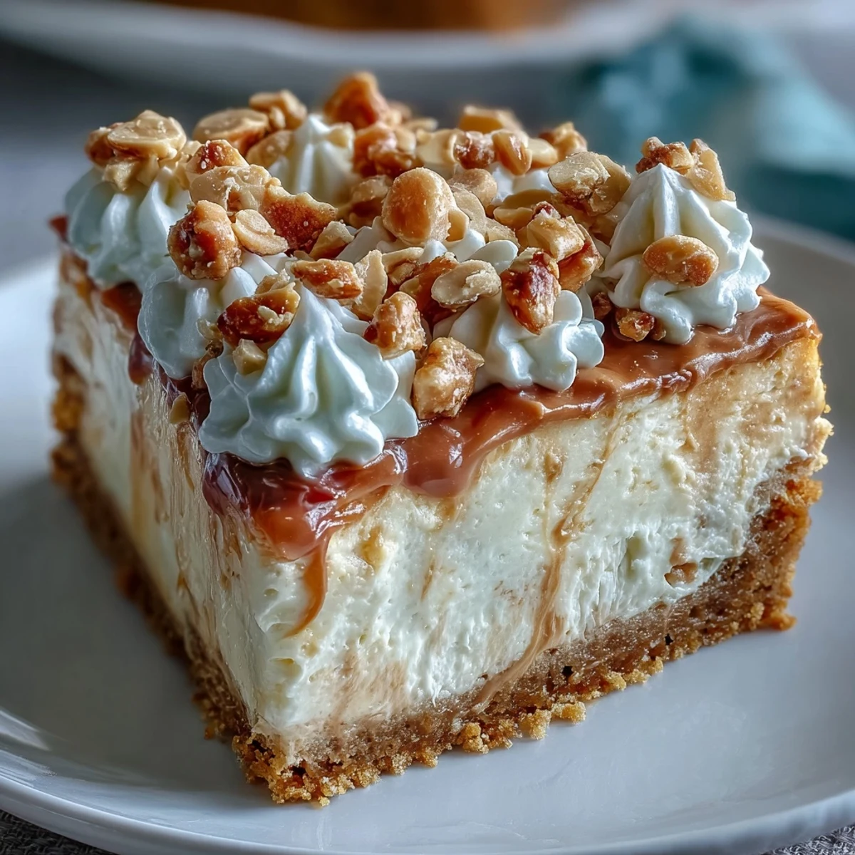 This decadent peanut butter cheesecake is garnished with whipped cream and chopped peanuts on a rustic plate.