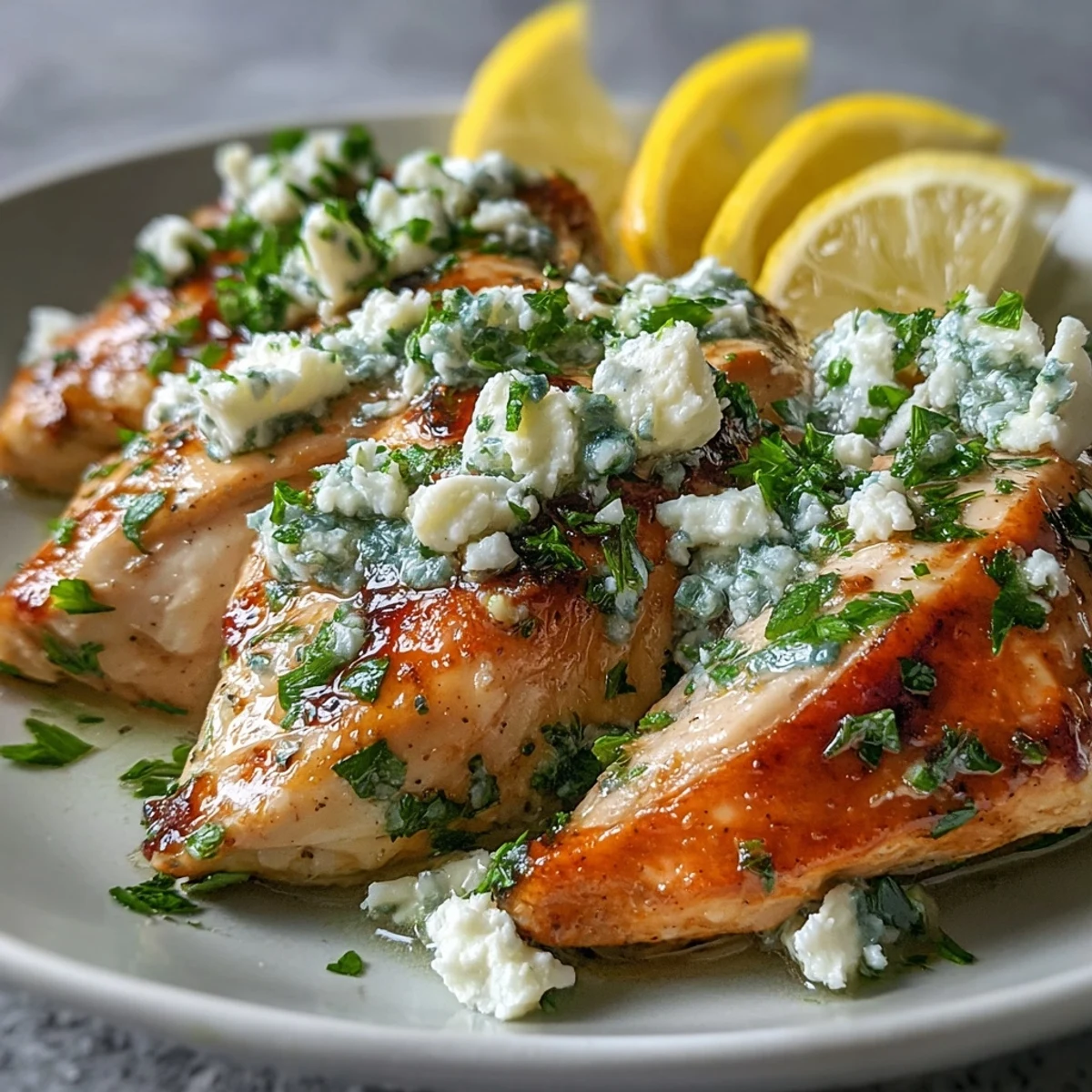 Bright, juicy Greek Chicken with Lemon and Feta garnished with fresh parsley, served with lemon wedges.