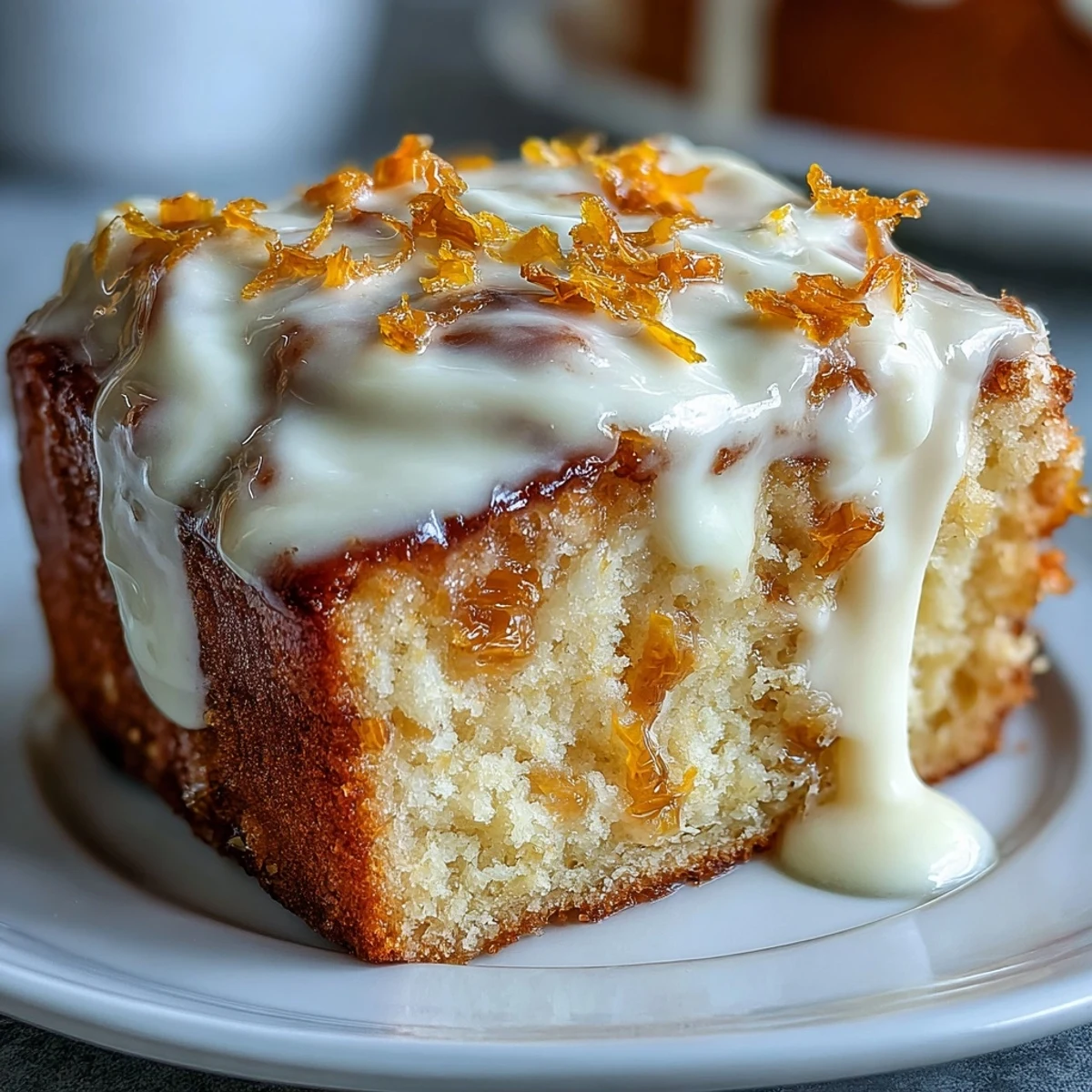 A moist slice of Heavenly Blood Orange Yogurt Cake drizzled with zesty citrus icing.