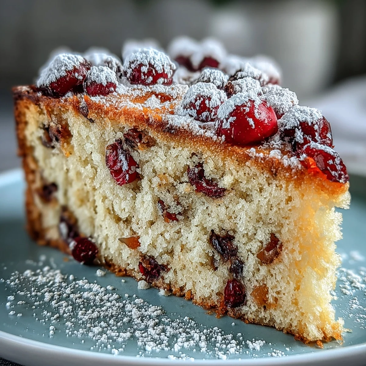 Freshly baked Cranberry Orange Breakfast Cake dusted with powdered sugar, with bright orange zest and tart cranberries peeking through the tender crumb.