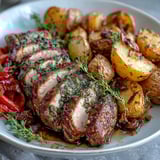 Sizzling Ibérico pork fillet with smoky paprika marinade, fresh rosemary, and lemon zest rests beside caramelized peppers.