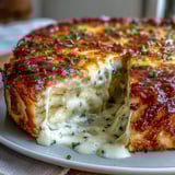A rustic Cheese and Potato Pie served warm from the oven, garnished with fresh chives.