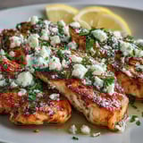 Tender Greek Chicken with Lemon and Feta sizzling in a skillet with a golden sear.