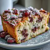 Warm slice of Cranberry Orange Breakfast Cake on a white plate, served with coffee for a cozy morning treat.
