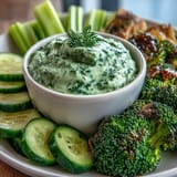 Vibrant green snack board with cucumber, snap peas, and creamy avocado ranch dip, perfect for healthy entertaining.