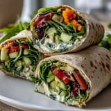 Colorful rainbow veggie wraps filled with crisp bell peppers, carrots, and spinach, perfect for a healthy packed lunch.