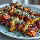 Grilled Pineapple Chicken Skewers with colorful peppers and onions sizzling on the barbecue.