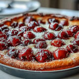 Warm, dusted Fresh Cherry Clafoutis, a rustic French dessert with a subtle vanilla aroma.